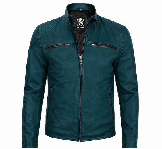 Mens Leather Jacket Genuine Teal Blue Motorcycle Biker Cafe Racer Zip-Up Coat