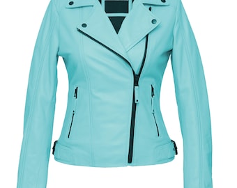 Veste motard en cuir de vachette bleu ciel - Coupe faite main pour femmes