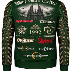 May include: Green jacket with gold stud detailing on the sleeves. The back displays a gothic cathedral graphic and band logos such as Iron Maiden, Rammstein, and Slipknot. Text includes "Wave-Gotik-Treffen" and "1992".