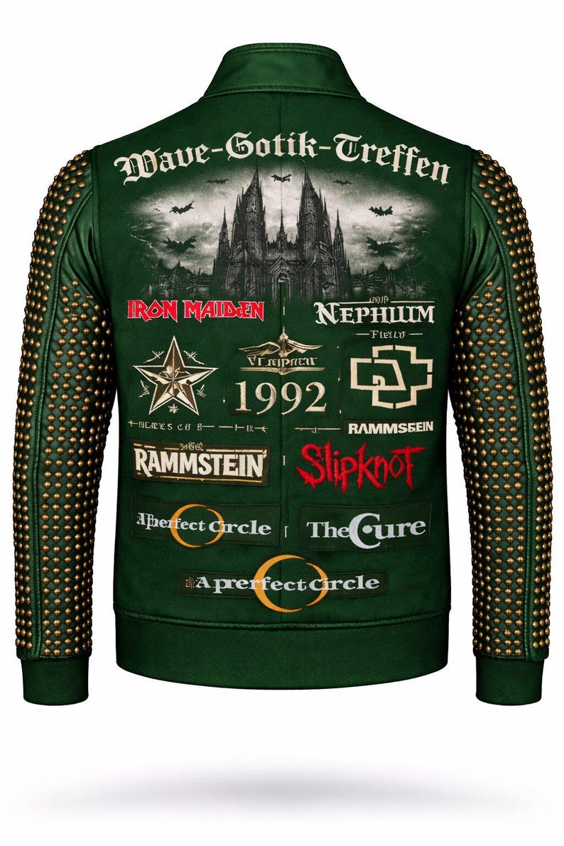 May include: Green jacket with gold stud detailing on the sleeves. The back displays a gothic cathedral graphic and band logos such as Iron Maiden, Rammstein, and Slipknot. Text includes "Wave-Gotik-Treffen" and "1992".