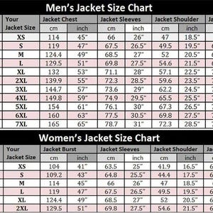 May include: A jacket size chart for men and women, with measurements in centimetres and inches. The chart provides chest, sleeve, shoulder, and length measurements for sizes XS to 7XL for men and XS to 2XL for women.