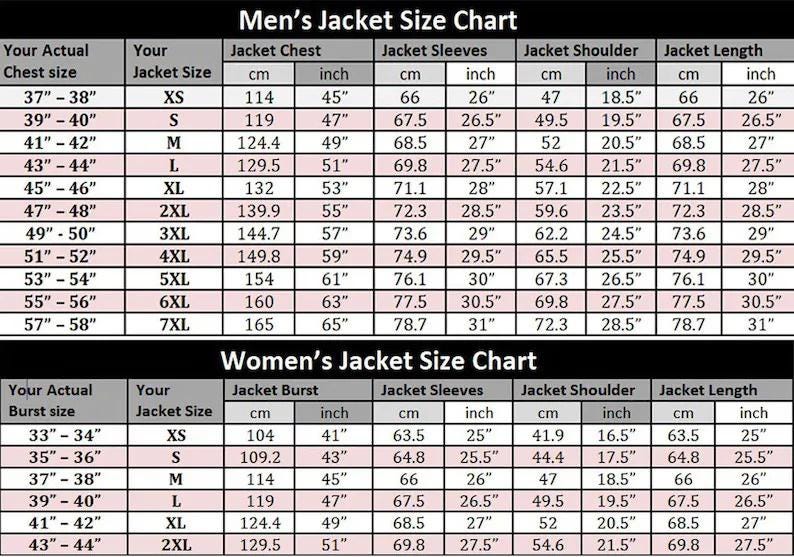 May include: A jacket size chart for men and women, with measurements in centimetres and inches. The chart provides chest, sleeve, shoulder, and length measurements for sizes XS to 7XL for men and XS to 2XL for women.