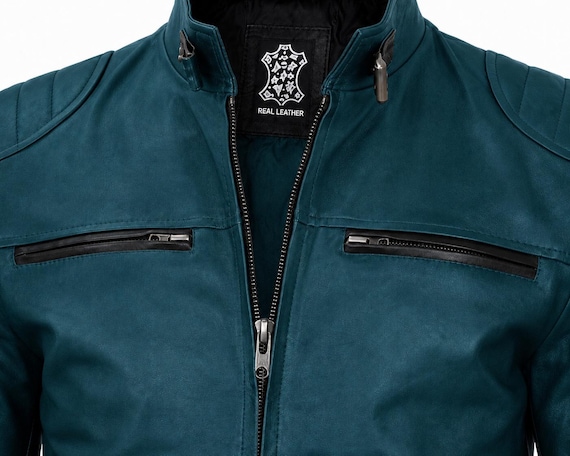 Mens Leather Jacket Genuine Teal Blue Motorcycle Biker Cafe Racer