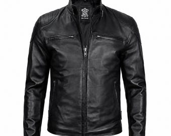 Herren Black Biker Lederjacke Echte Lammfell Motorrad Racer Jacke Stilvolle Casual Oberbekleidung