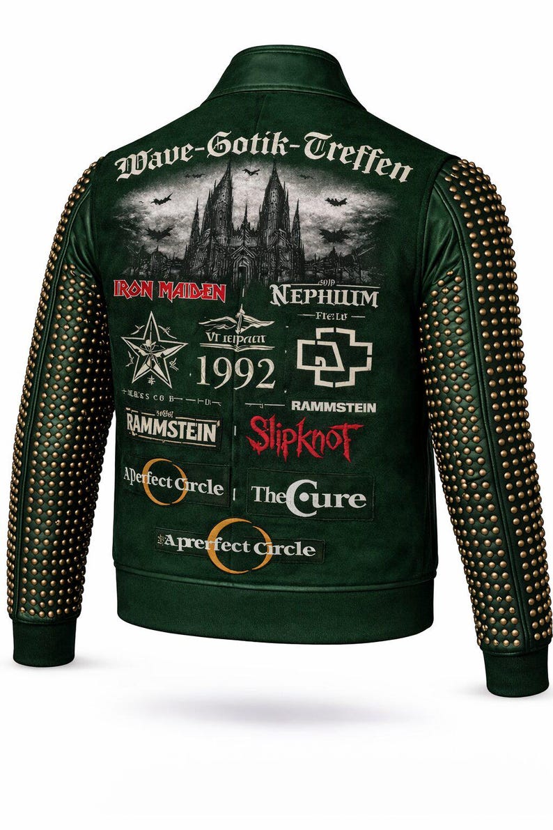 May include: Dark green leather jacket with gold stud detailing on the sleeves. The back displays a gothic castle graphic and band logos such as Iron Maiden, Rammstein, and Slipknot. The text "Wave-Gotik-Treffen" is visible.