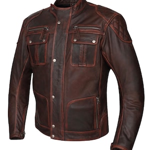 Blouson en cuir vintage fait main pour homme, Blouson en cuir véritable effet vieilli marron, Blouson motard, Blouson tendance style aviateur