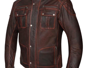 Herren Handgefertigte Distressed Braune Leder Bikerjacke: Vintage Bomber Style