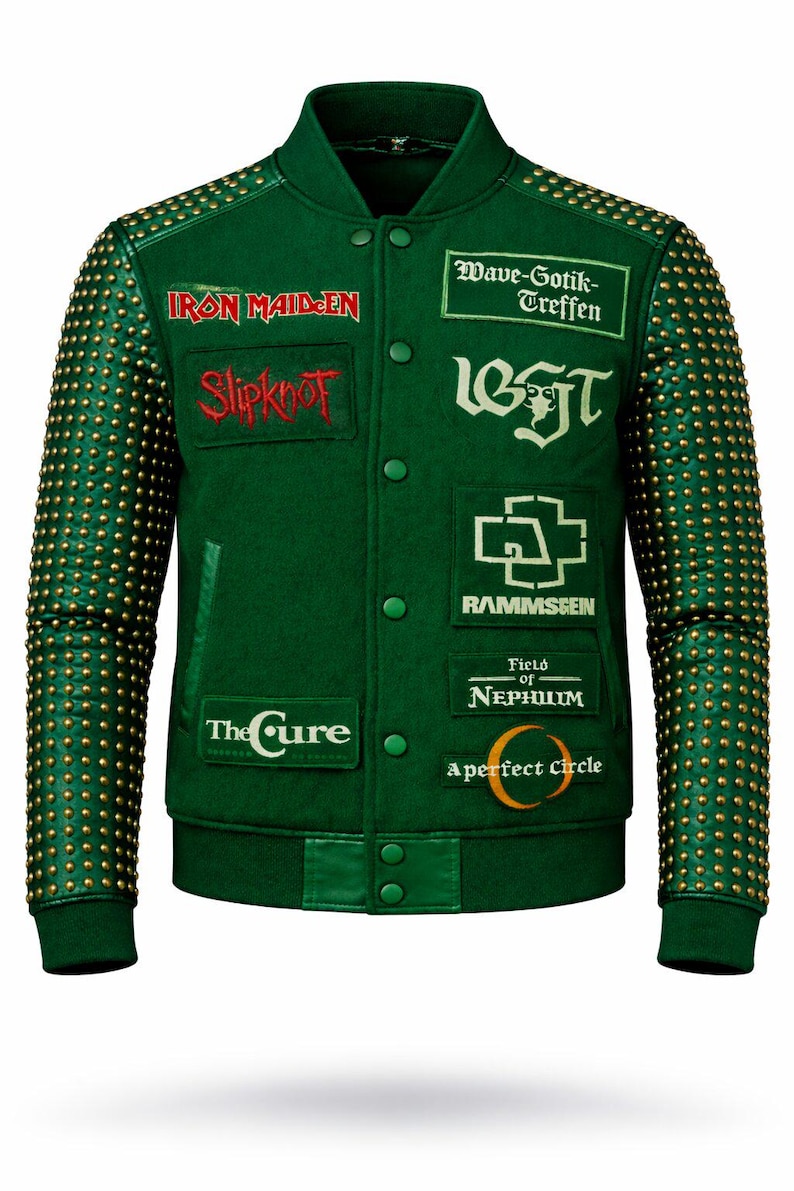 May include: Green varsity jacket with gold stud detailing on the sleeves. Features patches with band names including Iron Maiden, Slipknot, and The Cure. The jacket has a button-up front and ribbed collar and cuffs.