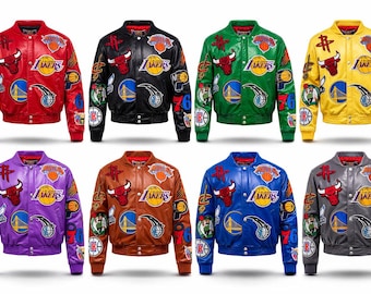 Chaqueta universitaria de cuero con parches de la NBA para hombre, abrigo bomber de piel de vaca
