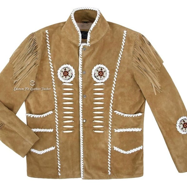 Men's Cowboy Classic Beige Handmade Leather Beaded Fringes Jacket