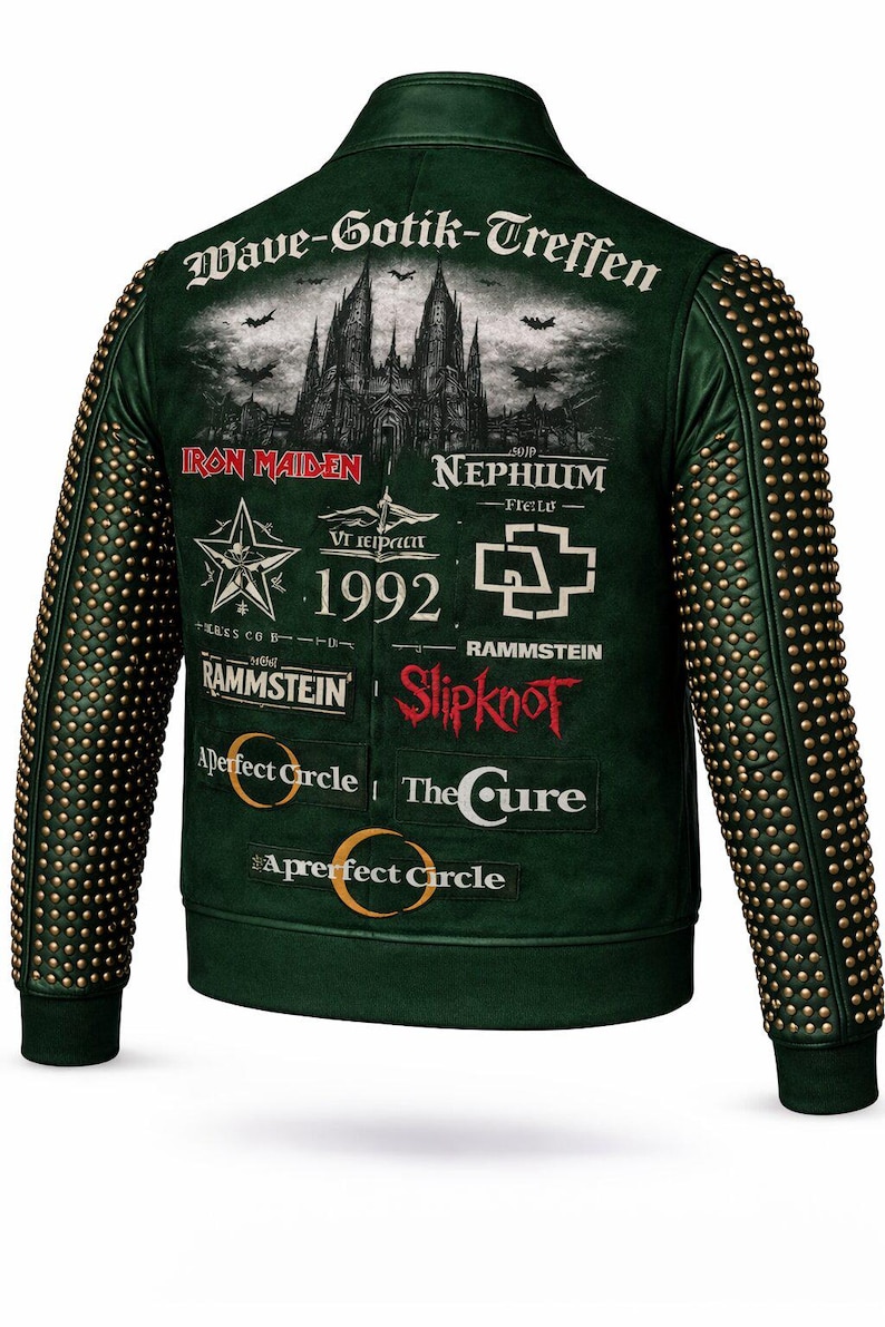 May include: Dark green leather jacket with gold stud detailing on the sleeves. The back displays a gothic castle design and band logos such as Iron Maiden, Rammstein, and Slipknot. The text "Wave-Gotik-Treffen" is visible.