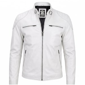 White Leather Jackets for Men Genuine Lambskin Motorcycle Biker Cafe Racer Zip Coat