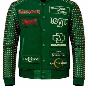 May include: Green varsity jacket with gold stud detailing on the sleeves. Features patches with band names including Iron Maiden, Slipknot, and The Cure. The jacket has a button-up front and ribbed trims.
