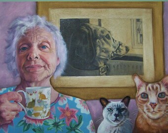 Photo print on canvas of Jill with cats signed by the U.K artist of the painting D.A.Phillips