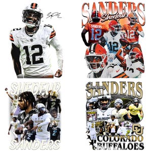Könnte beinhalten: Eine Collage von Bildern mit Footballspielern in verschiedenen Uniformen. Die Bilder enthalten den Text "SANDERS", "Shedeur" und "COLORADO BUFFALOES". Die Spieler tragen Helme und Trikots mit den Nummern 12 und 2.