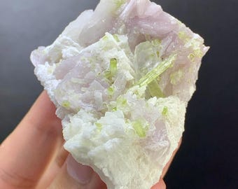 Green Tourmaline Crystals with lepidolite and Quartz crystals on Matrix - 83 grams