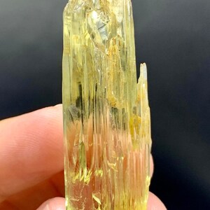 May include: A translucent, yellow-green crystal with a columnar structure. The crystal has a rough, textured surface and a slightly irregular shape. The colour is a pale, sunny yellow, with some areas appearing more transparent. The crystal is held in a person's hand.