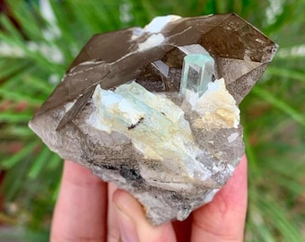 Natural Aquamarine Crystal on Smokey Quartz, weight: 123 Grams