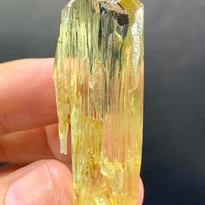 May include: A translucent, yellow-green crystal with a rough, textured surface. The mineral has a columnar structure with vertical striations and a slightly darker, brownish top. The crystal is held against a dark background.
