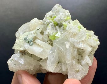 Green Sphene Natural Gemstone with Calcite combined specimen. 86 gram