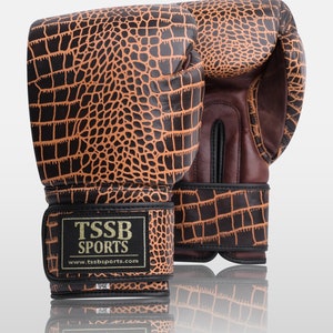 May include: A pair of brown and black boxing gloves with a crocodile skin pattern. The gloves have a black strap with the text "TSSB SPORTS" and the website "www.tssbsports.com".