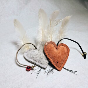 Heart Toy for Cat or Kitten Recycled Leather Hand made Toy from Natural Sustainable Materials set of WHITE + PINK