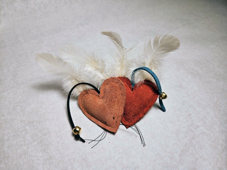 Heart Toy for Cat or Kitten Recycled Leather Hand made Toy from Natural Sustainable Materials set of RED and PINK