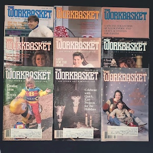 May include: A collection of nine vintage issues of The Workbasket and Home Arts Magazine from 1989. Each cover features distinct photography, including portraits of people, holiday themes, and craft projects, with bold blue or black mastheads.
