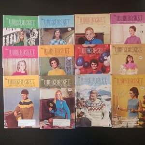 May include: A collection of twelve vintage The Workbasket and Home Arts Magazine issues arranged in a grid. Each cover features distinct photography of individuals, colorful graphic designs, and text indicating the magazine title and volume details.