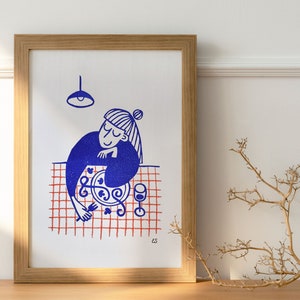 Unique hand printed poster - "Cosy dinner" A5