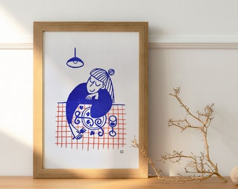 Unique hand printed poster - "Cosy dinner" A5