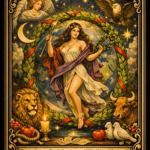 May include: A vintage-style tarot card illustration titled "The World." It features a woman in a white dress, holding a staff and a laurel branch, surrounded by celestial elements, animals, and the text "I am in perfect harmony with the universe, and the world is mine to explore."