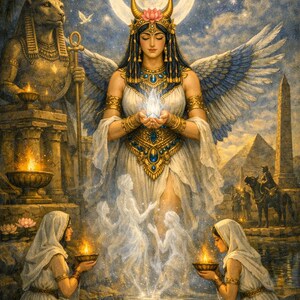 May include: Digital artwork of an Egyptian goddess with wings, holding a glowing crystal. The scene includes a statue of a jackal-headed deity, pyramids, and figures with candles. The colour palette is rich with gold, blue, and white.