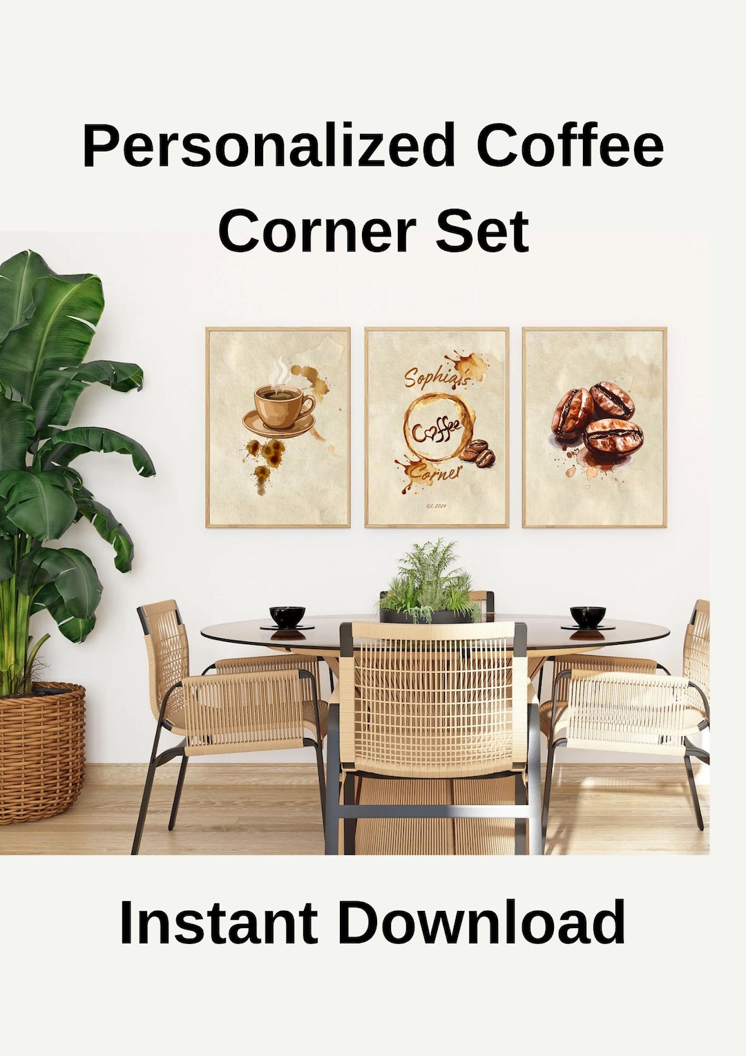 Personalized Coffee Corner Art Set, Vintage Kitchen Wall Decor (digital ...