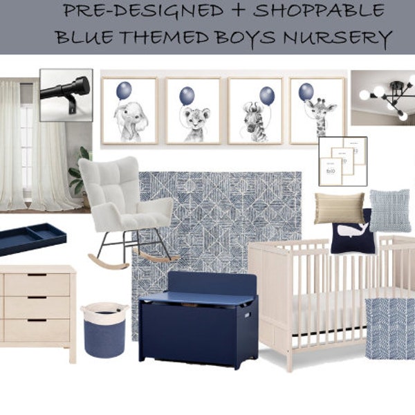 Pre Designed plus shoppable Design service, Home Decor, Baby boy Blue themed Nursery with Animal art E Design package, baby gift.