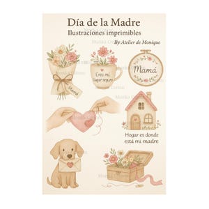 Día de la Madre - Pack 8 Ilustraciones Imprimibles Vintage | Clipart Te Quiero Mamá | Flores, Hogar, Costura, Perrito | Atelier