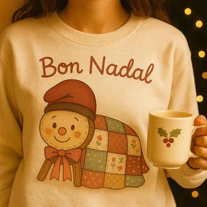 Puede incluir: Sudadera color crema con el texto "Bon Nadal" en marrón. La camisa presenta un muñeco de nieve de dibujos animados con sombrero y lazo rojos, y un edredón de retazos. Se sostiene una taza color crema con bayas de acebo.