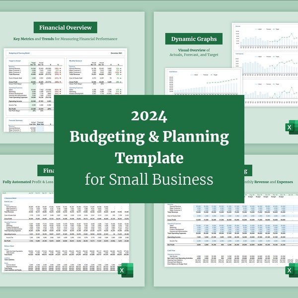 de feuille de calcul Excel de budgétisation et planification des petites entreprises pour 2024 | Modèle financier, prévisions glissantes, budget, analyse des écarts