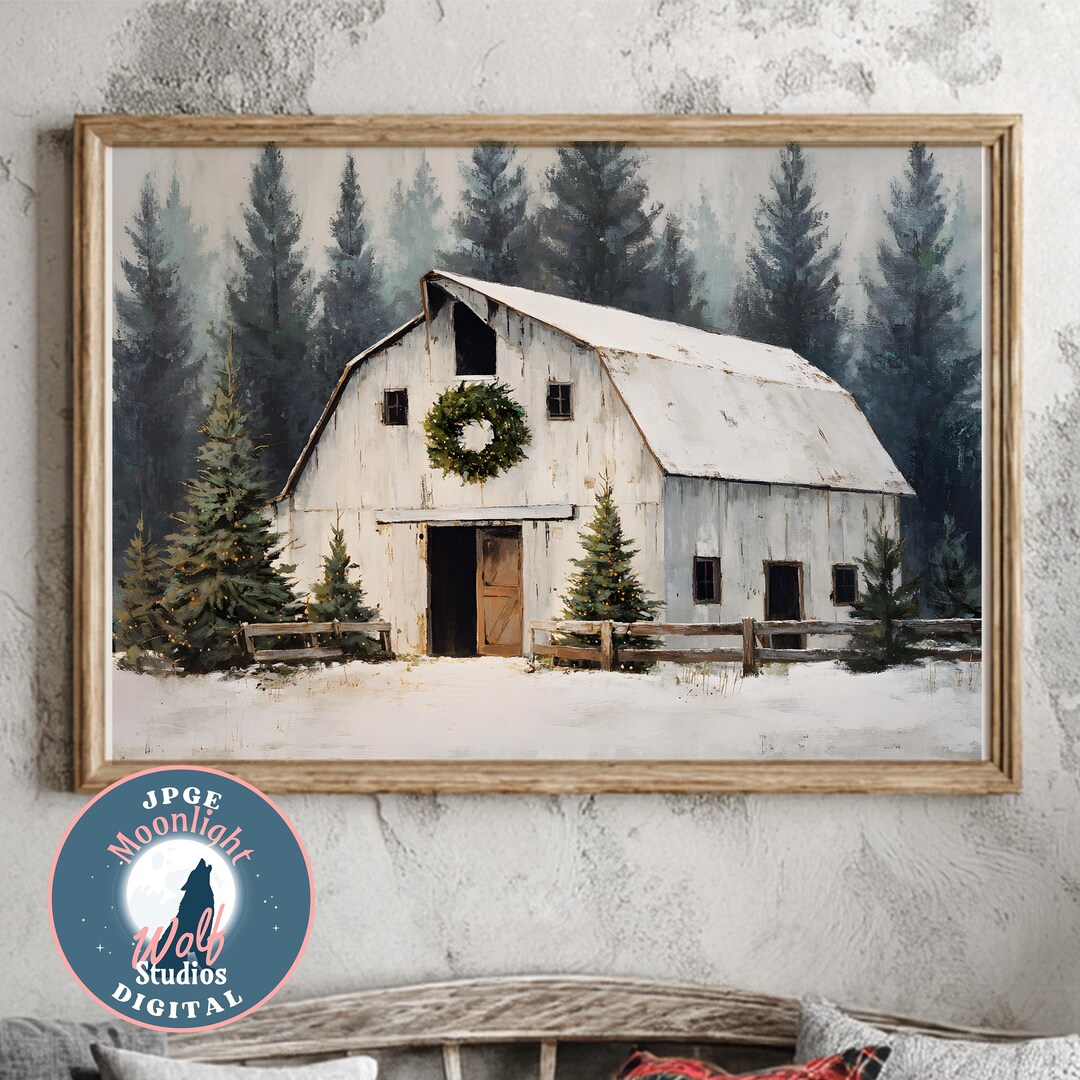 Farmhouse Christmas Barn Print: Rustic Wreath, Snowy Forest Scene ...