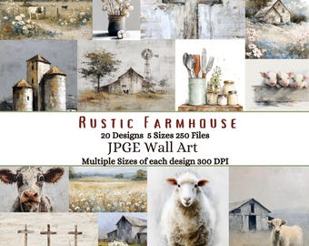 Può includere: Una collezione di stampe artistiche da parete a tema fattoria rustica. Le immagini includono mucche, pecore, fienili, croci e composizioni floreali. Il testo sull'immagine recita "RUSTIC FARMHOUSE, 20 Designs 5 Sizes 250 Files, JPGE Wall Art, Multiple Sizes of each design 300 DPI."