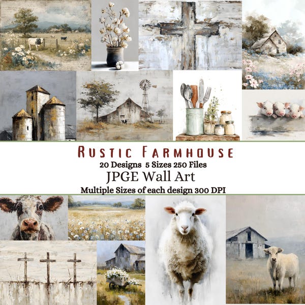 Arte de pared rústico de granja con ilustraciones terrosas y tenues, decoración acogedora para el hogar, descarga digital