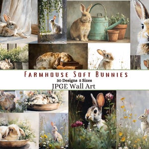 Mjuka bondgårdskaniner konstpaket mysiga vårmålningar digital nedladdning