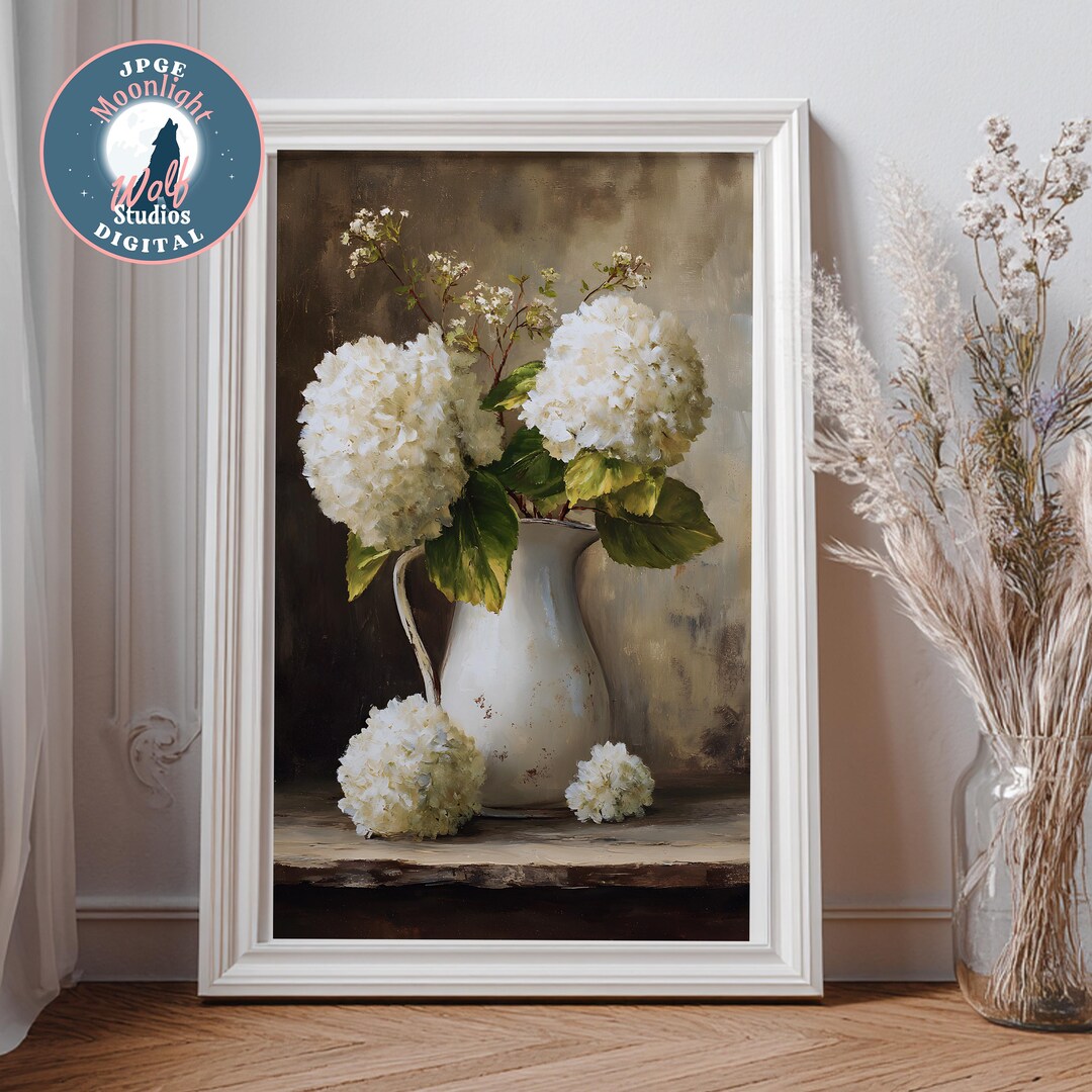 Hydrangea Oil Painting Print: Vintage Farmhouse Wall Art (digital ...