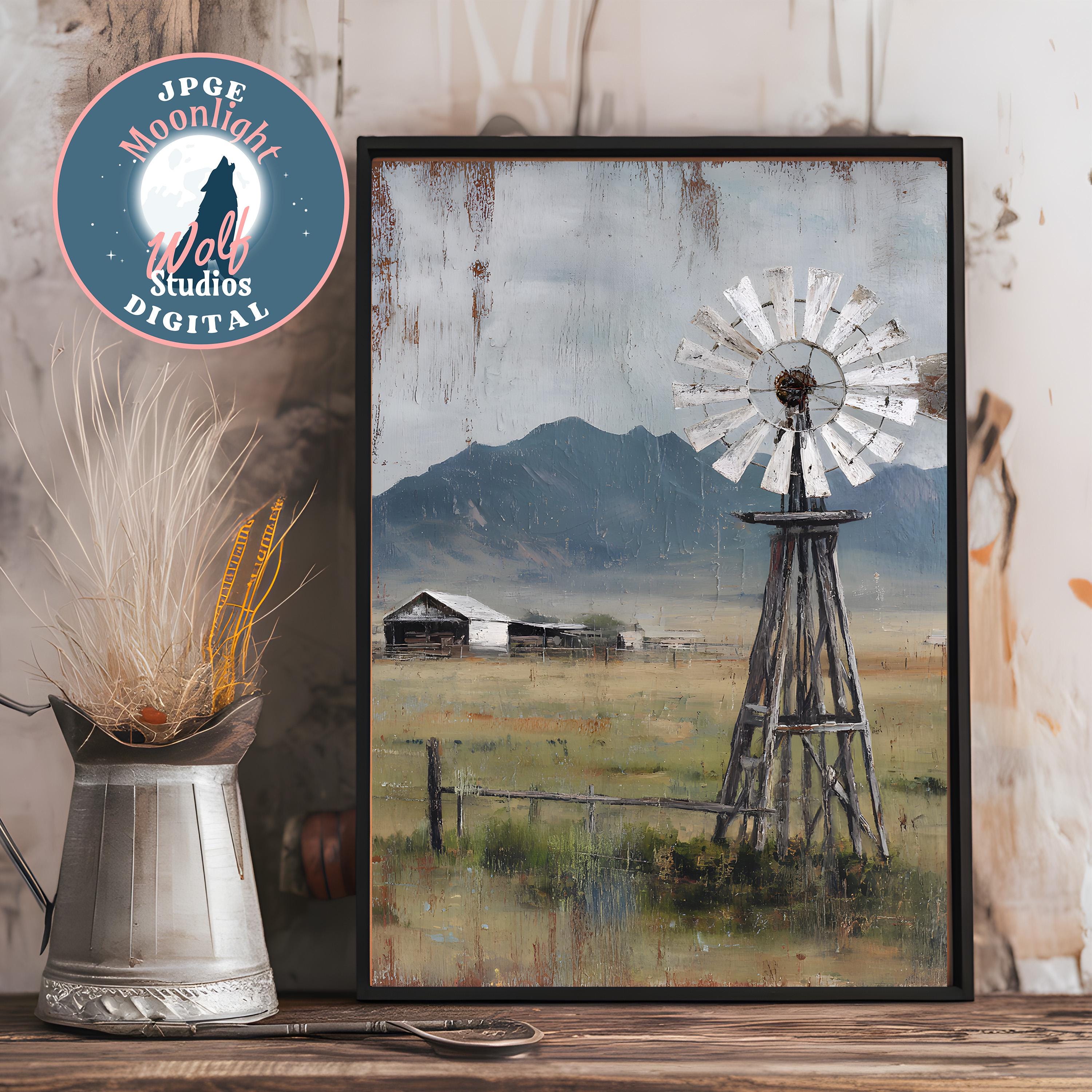 Rustic Windmill & Barn Landscape Print: Farmhouse Wall Art (digital ...