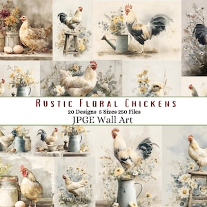以下が含まれることがあります： 水彩画風の壁アートプリントのコレクション。鶏や雄鶏と花の配置が特徴です。プリントは素朴でヴィンテージな美学を持っています。「Rustic Floral Chickens」のテキストが表示され、デザインとサイズに関する詳細も表示されます。