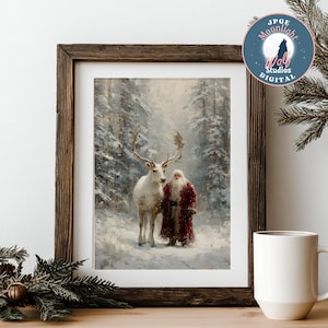 Santa and White Reindeer Christmas Print: Snowy Forest Scene (Digital Download, Commercial Use PNG