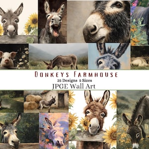 May include: A collection of digital wall art prints featuring donkeys, sunflowers, and a pig. The artwork includes various scenes of donkeys in fields, close-ups of their faces, and a pig peering out from a fence. The text reads "Donkeys Farmhouse" and "25 Designs 5 Sizes".