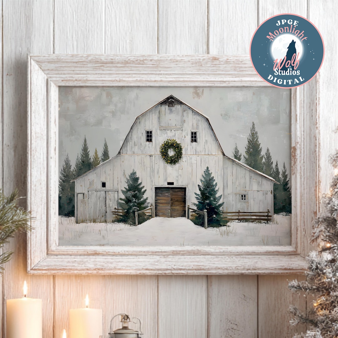 Rustic Christmas Barn Art Print: Wreath & Snowy Trees (digital Download ...
