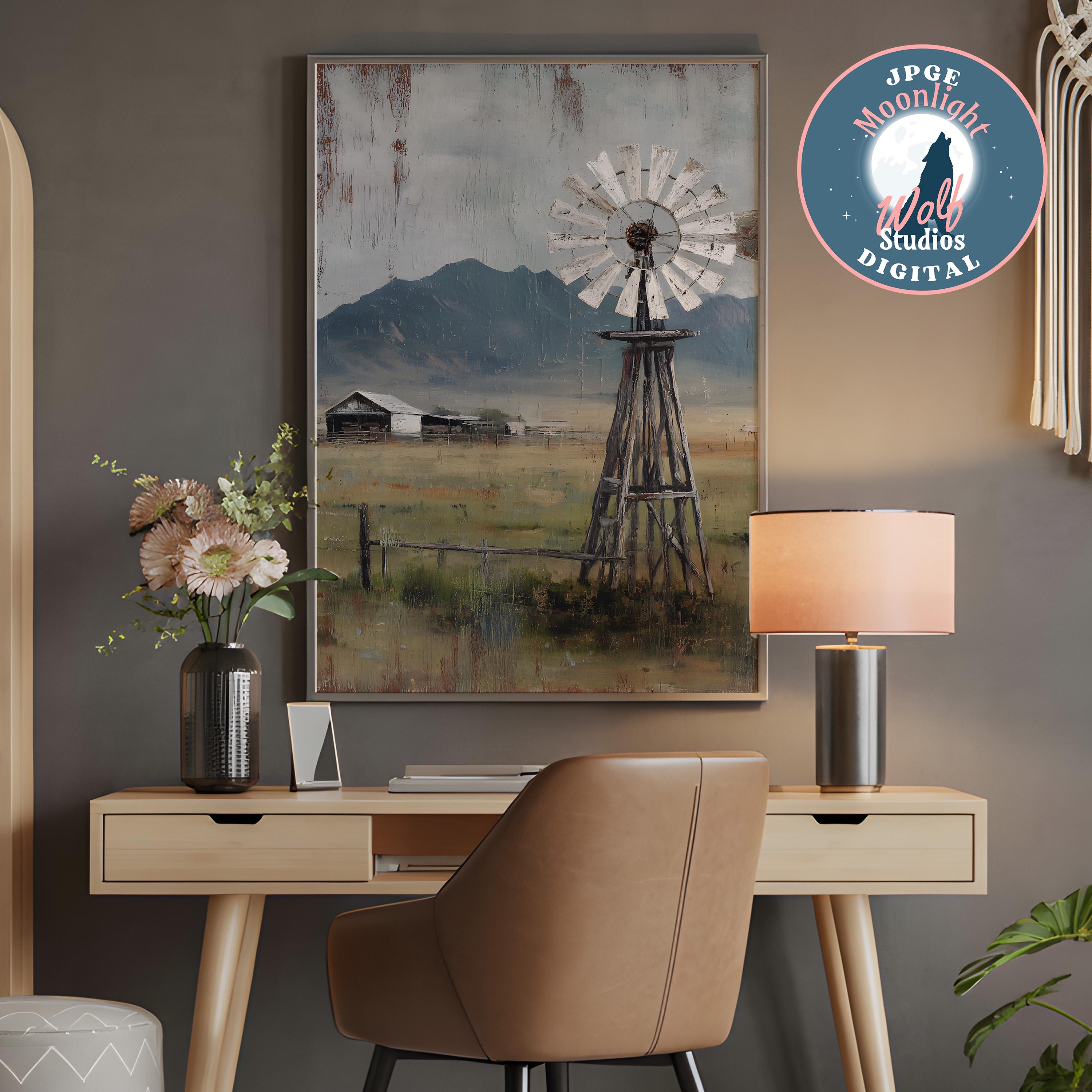 Rustic Windmill & Barn Landscape Print: Farmhouse Wall Art (digital ...