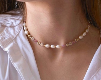 14k Aesthetic Flower Pearl Necklace Dainty Pink Cute Beaded Handmade Freshwater Daisy Chain Summer Floral Choker Mothers day gift for her
